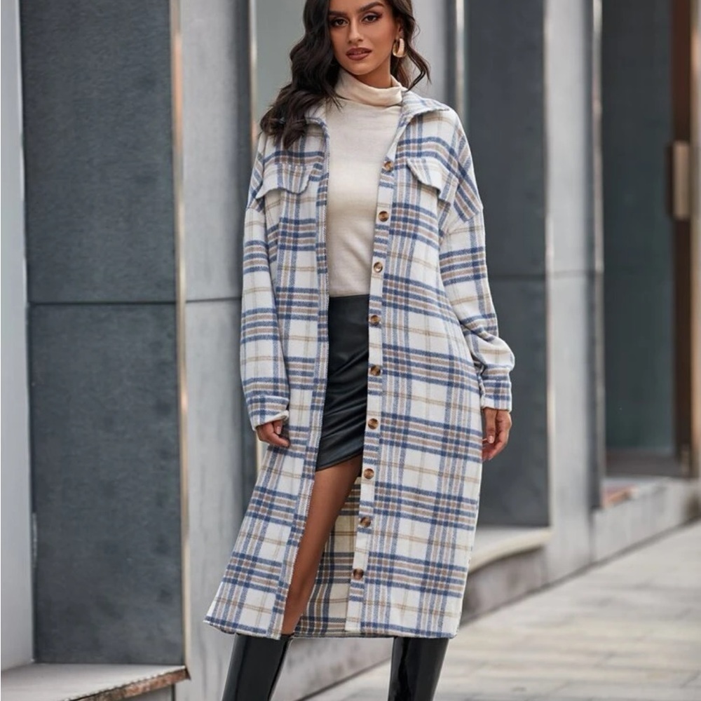 Plaid Single Breasted Flap Detail Drop Shoulder Overcoat, Size Med NWOT
